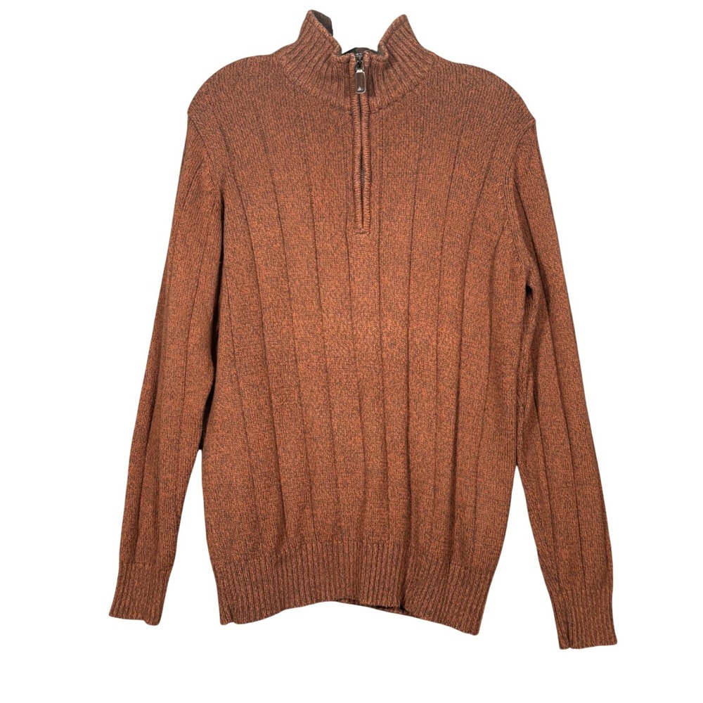 Oscar de la Renta Mens Rust Brown Ribbed Quarter Zip Sweater Small